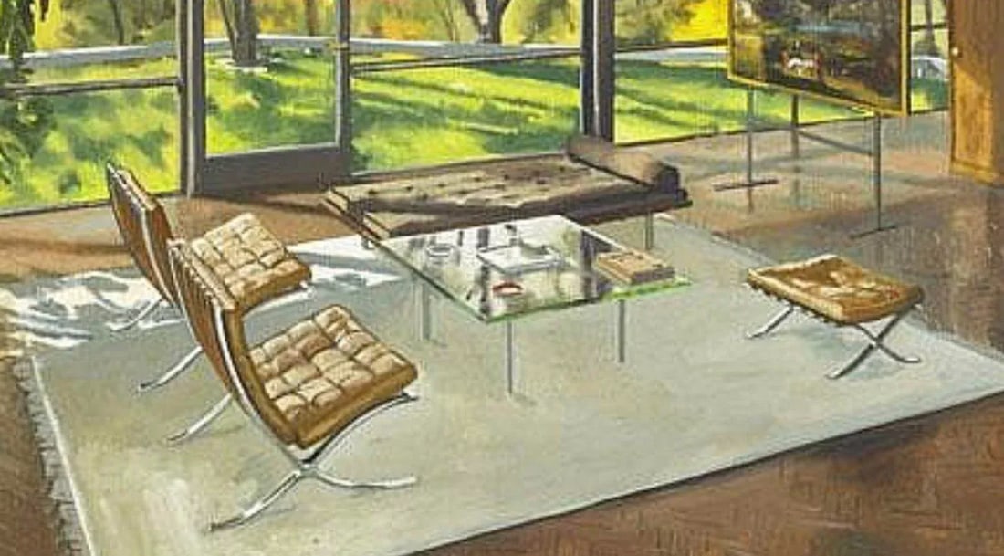 1980s Phillip Johnson the "Glass House" Painting, Framed - 3