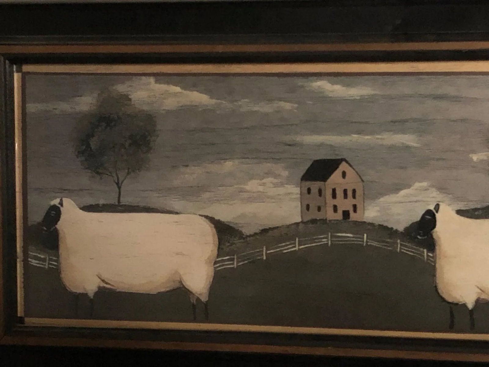 Framed Folk Art Oil on Board of Sheep in Pastoral Landscape - 6