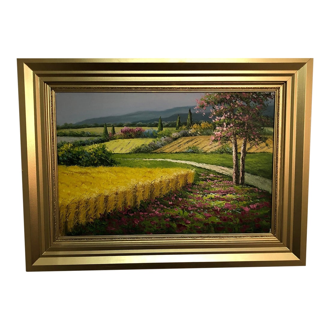 Mid 20th Century Meadow Pathway - Oil on Canvas, Framed: This vibrant oil on canvas captures the beauty of a blossoming meadow, where pink and red flowers bloom in abundance. A yellow hedge frames the scene, adding a bright contrast to the lush greenery. A 