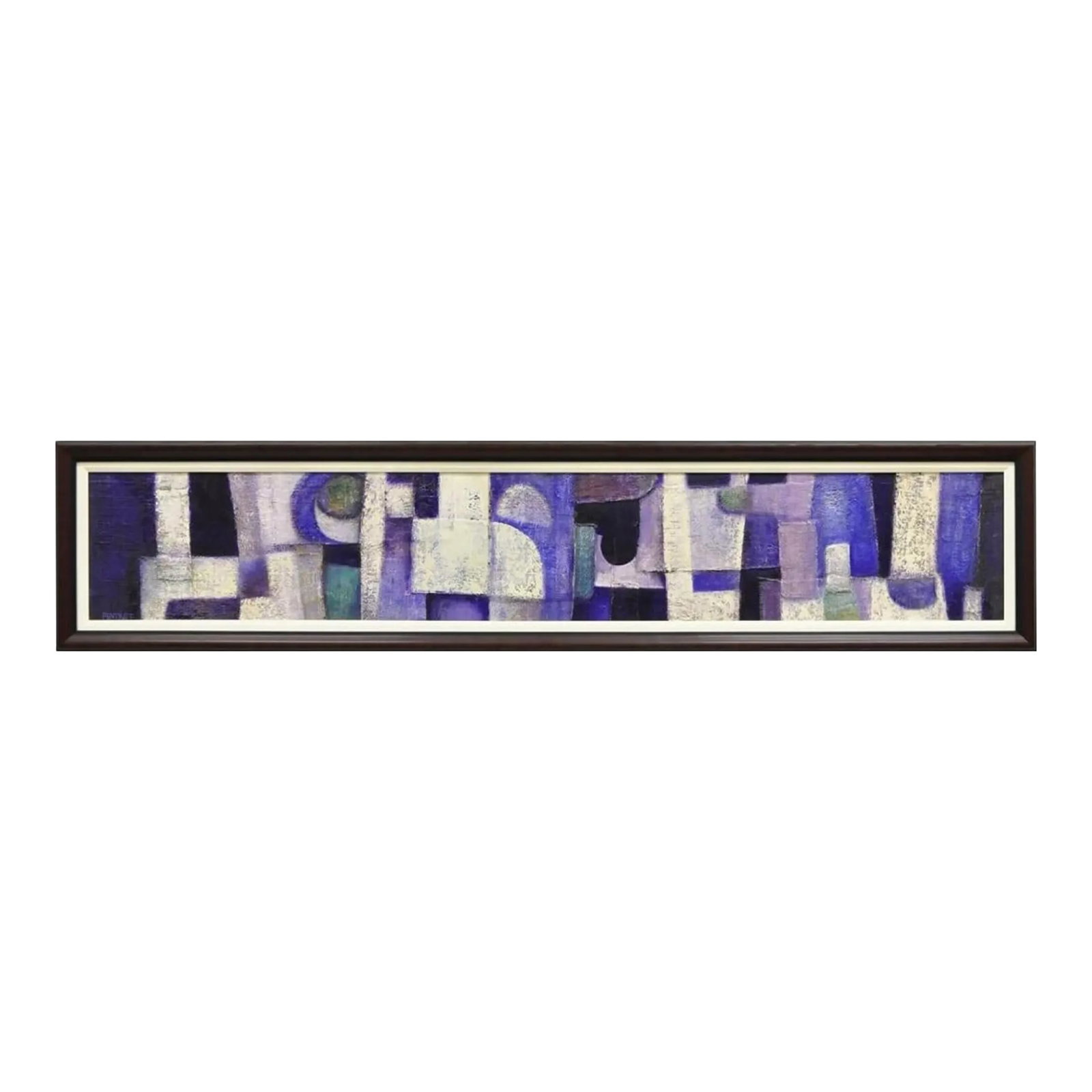 Modern Abstract Blue and Purple Acrylic on Canvas Large Painting Signed Pentkoff, Framed: Modern Abstract Blue and Purple Acrylic on Canvas Large Painting Signed Pentkoff. Circa 21st Century. Measurements: 17" H x 76.5" W x 1" D. Condition: Alterations: Original Condition Unaltered Imperfe