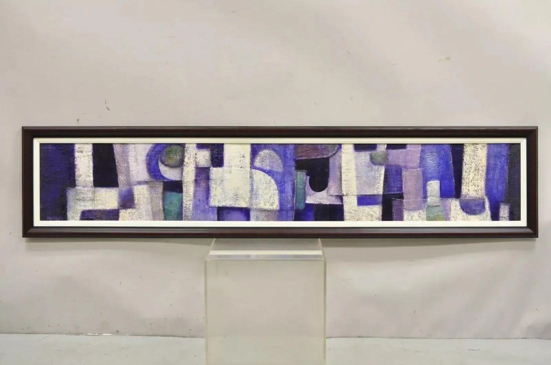 Modern Abstract Blue and Purple Acrylic on Canvas Large Painting Signed Pentkoff, Framed - 2
