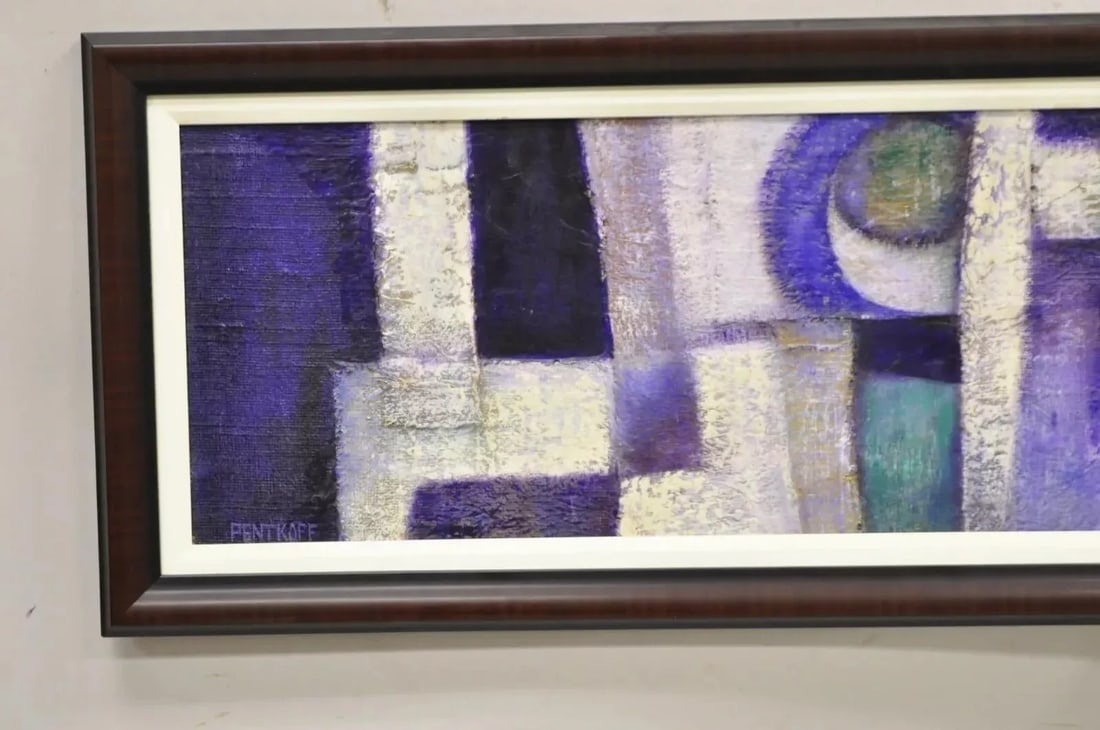 Modern Abstract Blue and Purple Acrylic on Canvas Large Painting Signed Pentkoff, Framed - 3