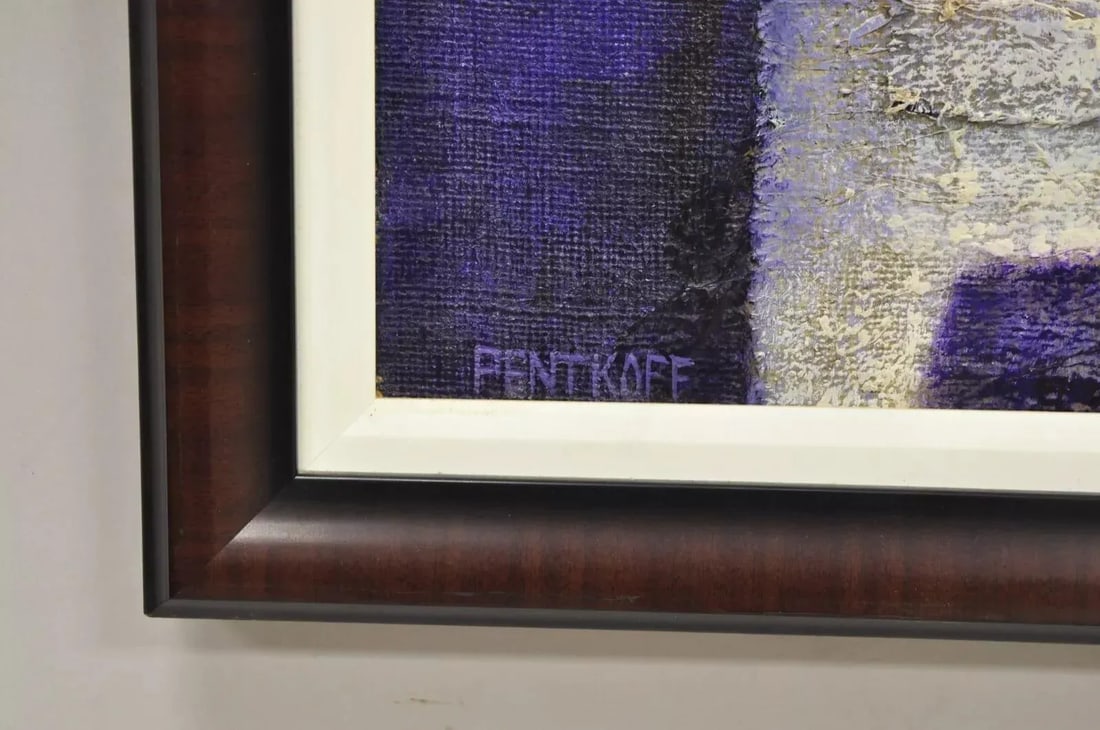 Modern Abstract Blue and Purple Acrylic on Canvas Large Painting Signed Pentkoff, Framed - 6