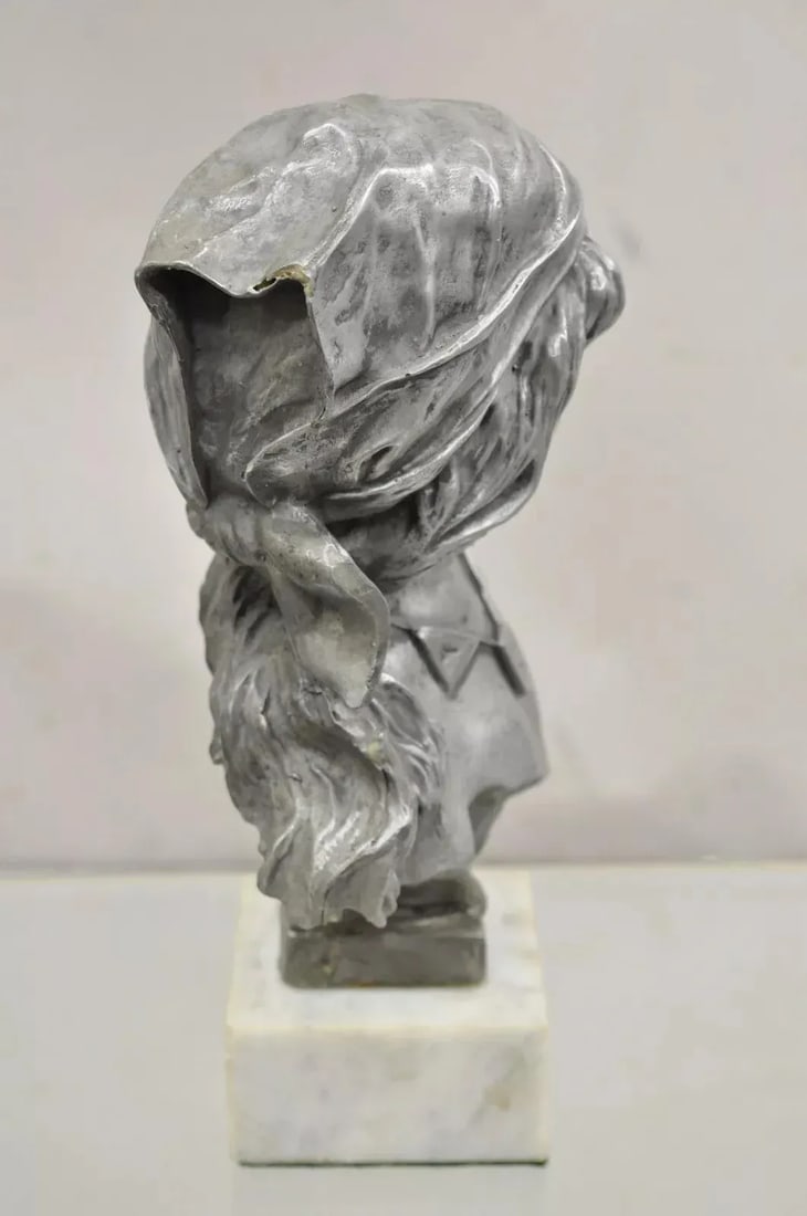 Early 20th Century Antique Emmanuel Villanis "Saida" Pewter Clad Female Bust Sculpture Statue - 11