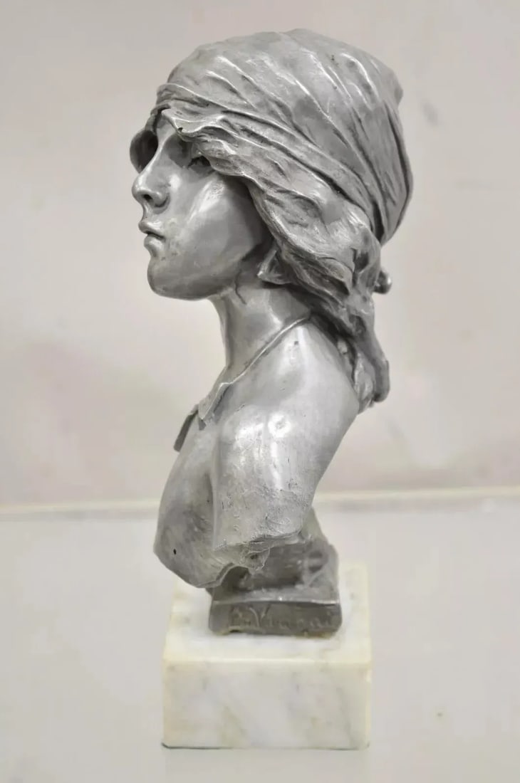Early 20th Century Antique Emmanuel Villanis "Saida" Pewter Clad Female Bust Sculpture Statue - 12