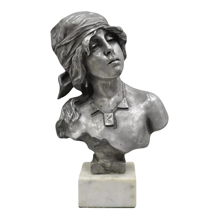 Early 20th Century Antique Emmanuel Villanis "Saida" Pewter Clad Female Bust Sculpture Statue: Antique Emmanuel Villanis "Saida" Pewter Clad Small Female Bust Sculpture Statue on Marble Base. Circa Early 20th Century. Measurements: 11" H x 7" W x 5" D. Condition: Alterations: Original Condition