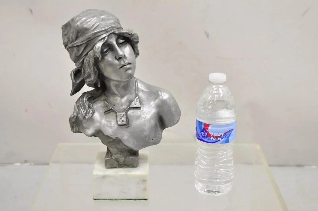 Early 20th Century Antique Emmanuel Villanis "Saida" Pewter Clad Female Bust Sculpture Statue - 2
