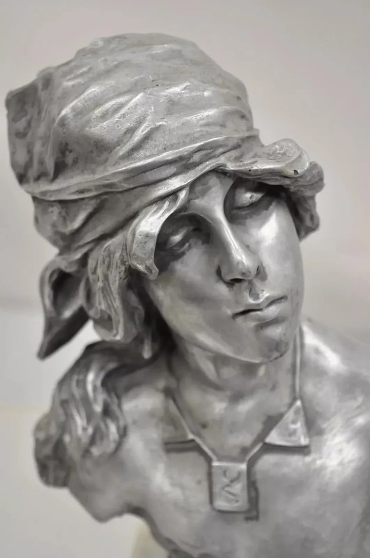 Early 20th Century Antique Emmanuel Villanis "Saida" Pewter Clad Female Bust Sculpture Statue - 3