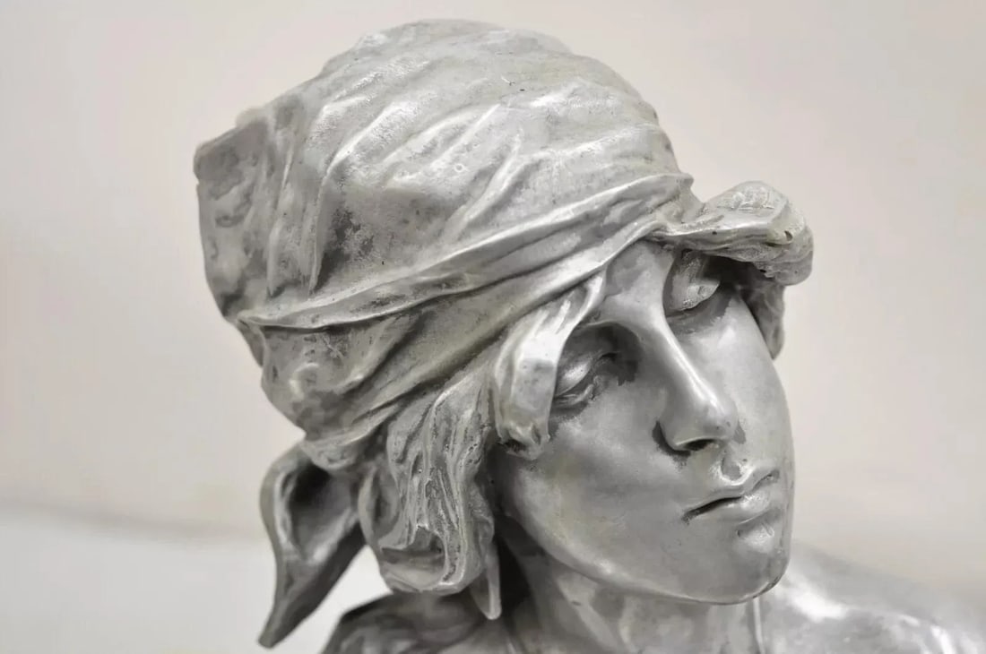 Early 20th Century Antique Emmanuel Villanis "Saida" Pewter Clad Female Bust Sculpture Statue - 5