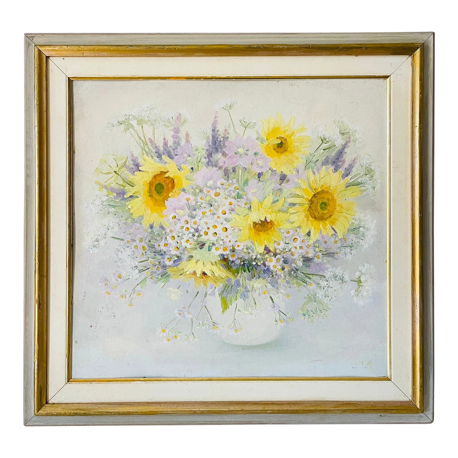 20 Th C Original Oil on Board Sunflower Painting: Modern oil on board sunflowers still life floral painting. In a gold tone frame. Condition: Alterations: Original Condition Unaltered Imperfections: Some Imperfections Condition Notes: Good condition 