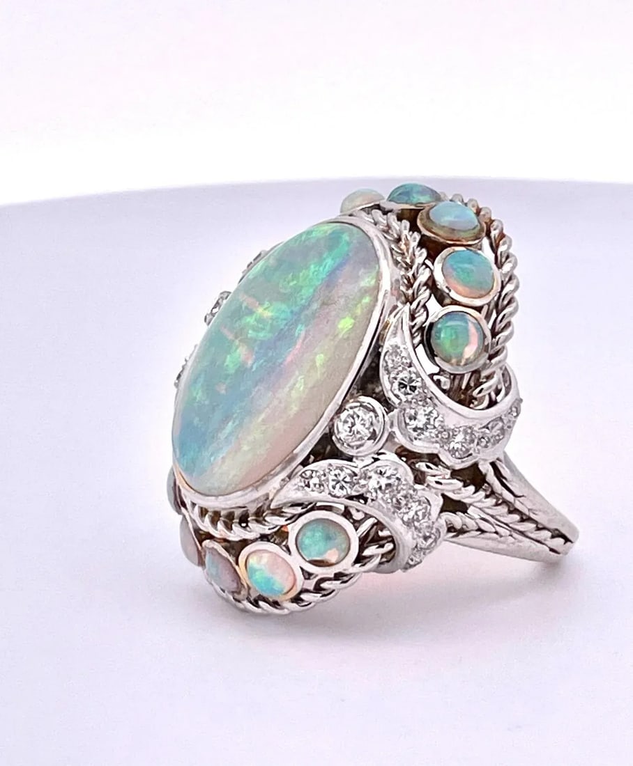 Large Opal Diamond Ring 18k 6.75 - 4