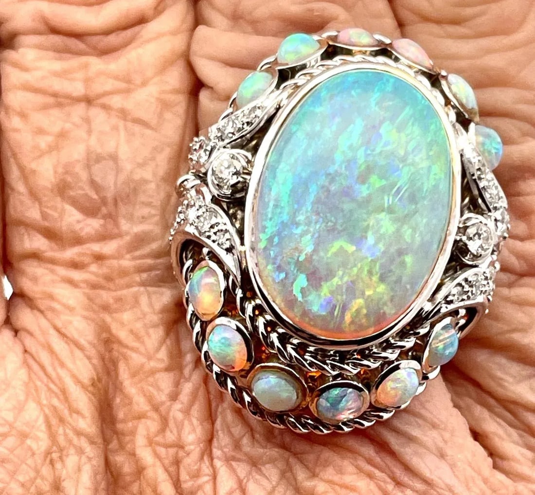 Large Opal Diamond Ring 18k 6.75 - 5