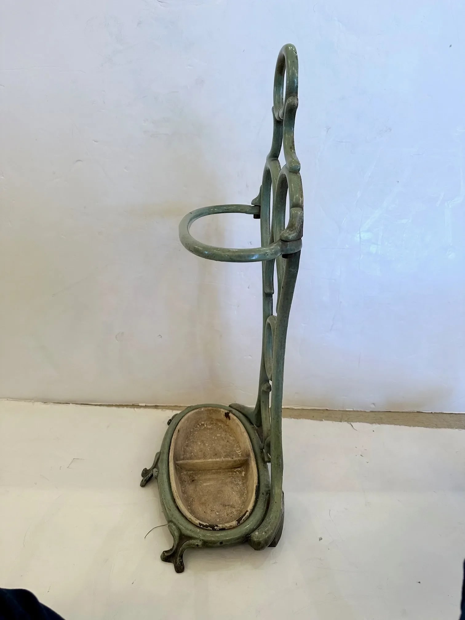 French Enamel Celedon Green Iron Umbrella Stand - 7