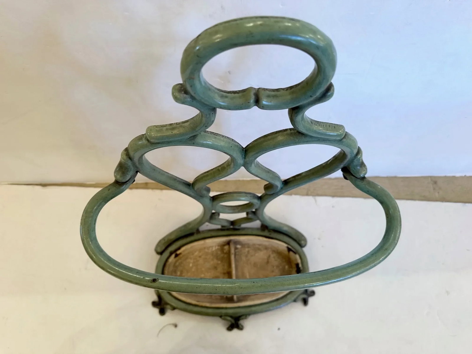 French Enamel Celedon Green Iron Umbrella Stand - 8