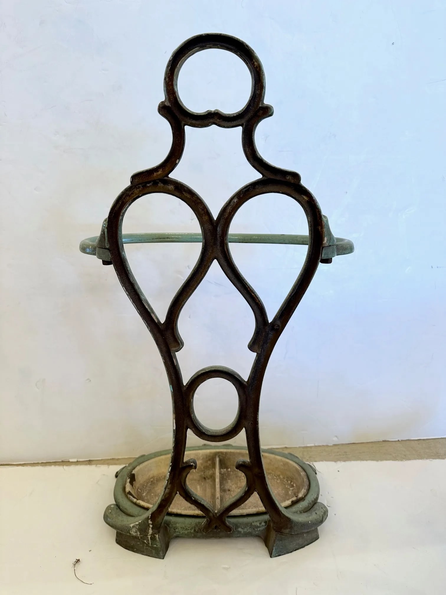 French Enamel Celedon Green Iron Umbrella Stand - 9