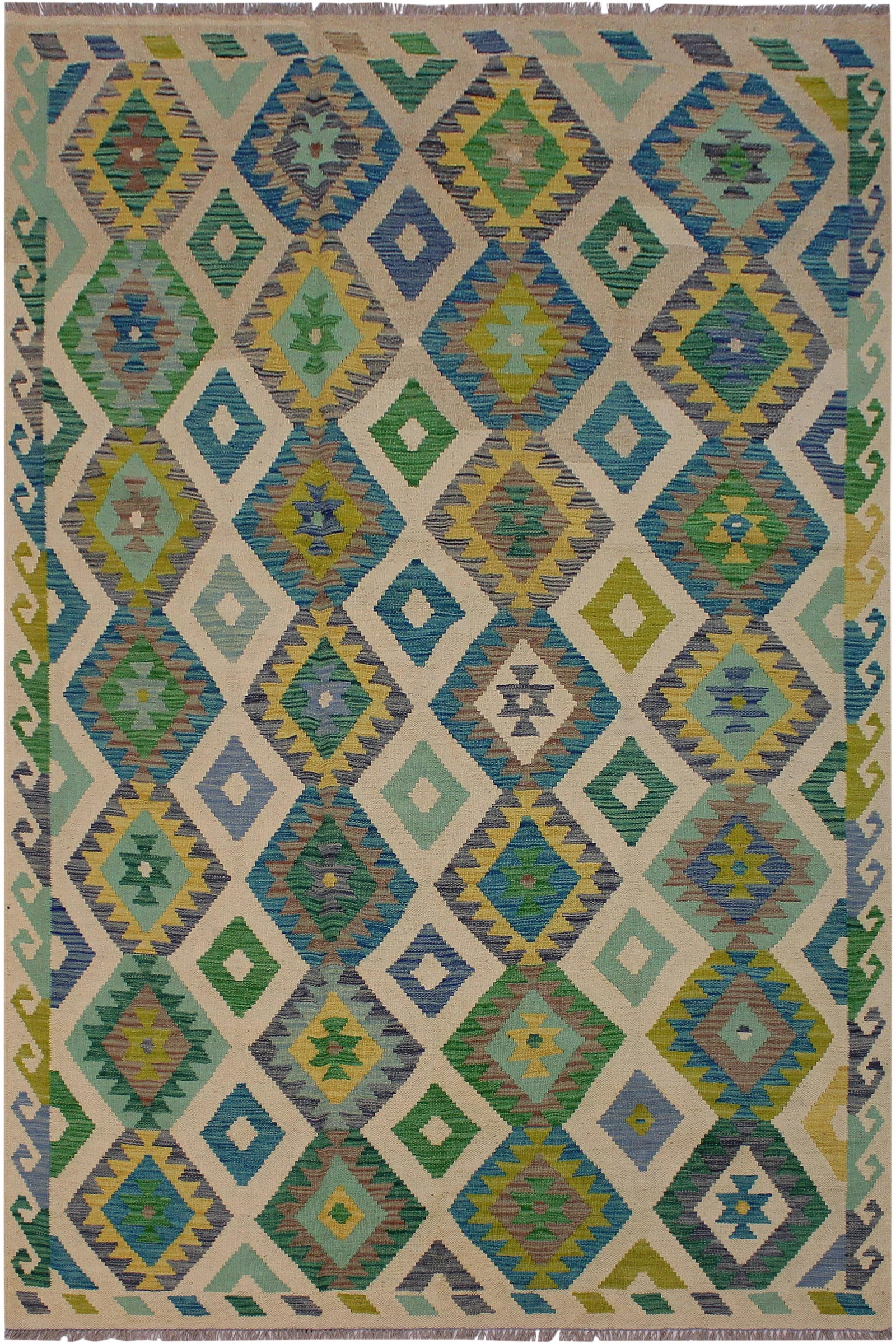 Bohemian Kilim Ivory/Green Hand-Woven Wool Rug -5'6 X 8'1: Add a touch of elegance to your home with this casual chic hand woven Tribal Kilim Hand-Woven Wool Rug. Constructed on a loom by Nomad Turkman people with hand-spun wool and 100% Natural Vegetable