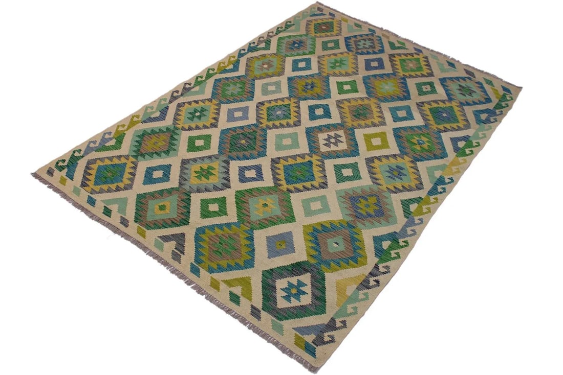 Bohemian Kilim Ivory/Green Hand-Woven Wool Rug -5'6 X 8'1 - 2