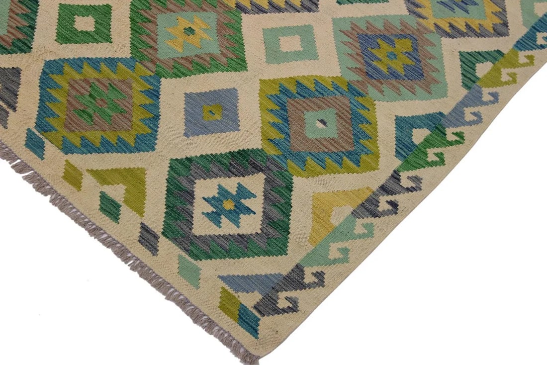 Bohemian Kilim Ivory/Green Hand-Woven Wool Rug -5'6 X 8'1 - 3