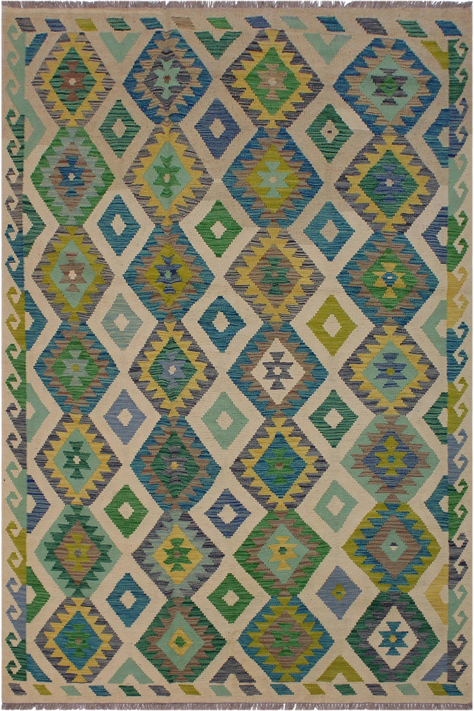 Bohemian Kilim Ivory/Green Hand-Woven Wool Rug -5'6 X 8'1 - 8