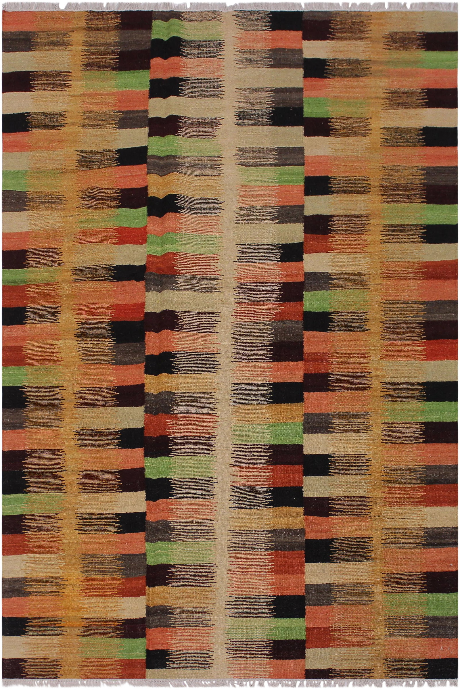 Abstract Kilim Rust/Gold Hand-Woven Wool Rug -5'7 X 8'1: Add a touch of elegance to your home with this casual chic hand woven Tribal Kilim Hand-Woven Wool Rug. Constructed on a loom by Nomad Turkman people with hand spun wool and 100% Natural Vegetable dye