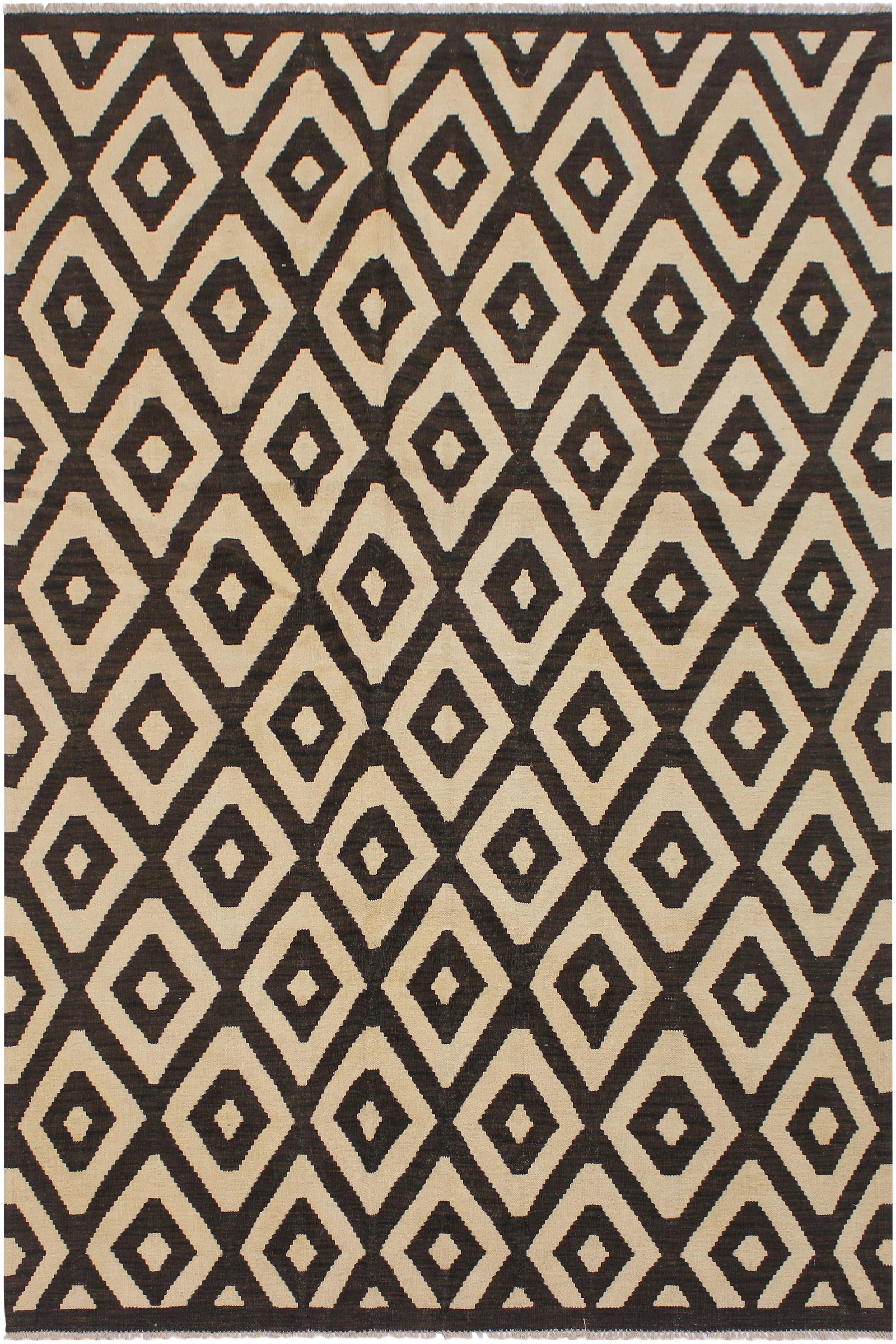 Modern Bauhaus Kilim Hand-Woven Wool Rug -5'10'' * 7'7'': "Add a touch of elegance to your home with this casual chic hand woven Tribal Kilim Hand-Woven Wool Rug. Constructed on a loom by Nomad Turkman people with hand spun wool and 100% Natural Vegetable dy