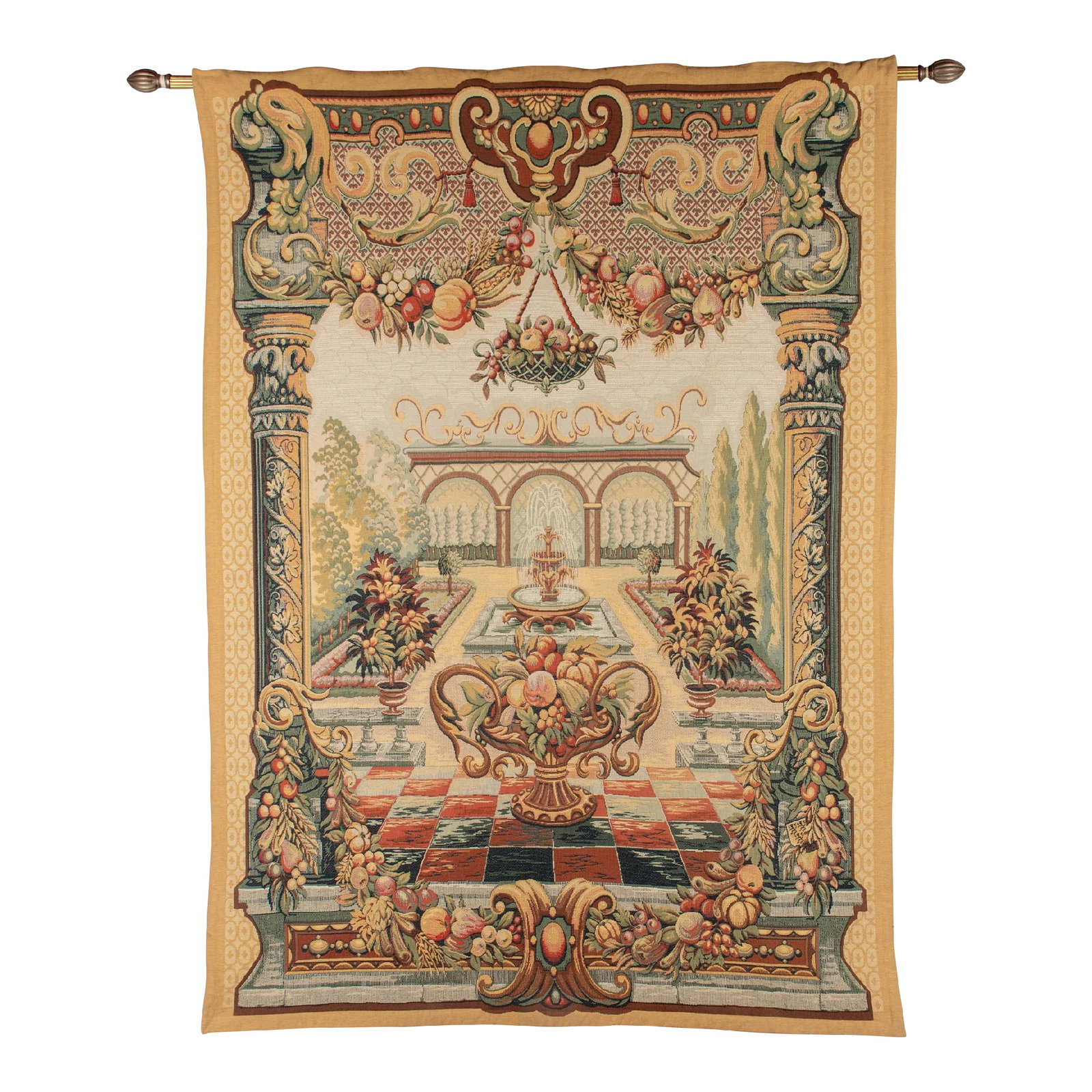 French Point De Loiselles Tapestry Le Jardin De Bagatelle: A large French Point de Loiselle Renaissance style tapestry, or wall hanging, entitled "Le Jardin de Bagatelle" after a fresco over a fireplace at the Chateau de Fontainebleau near Paris. Depicting a 