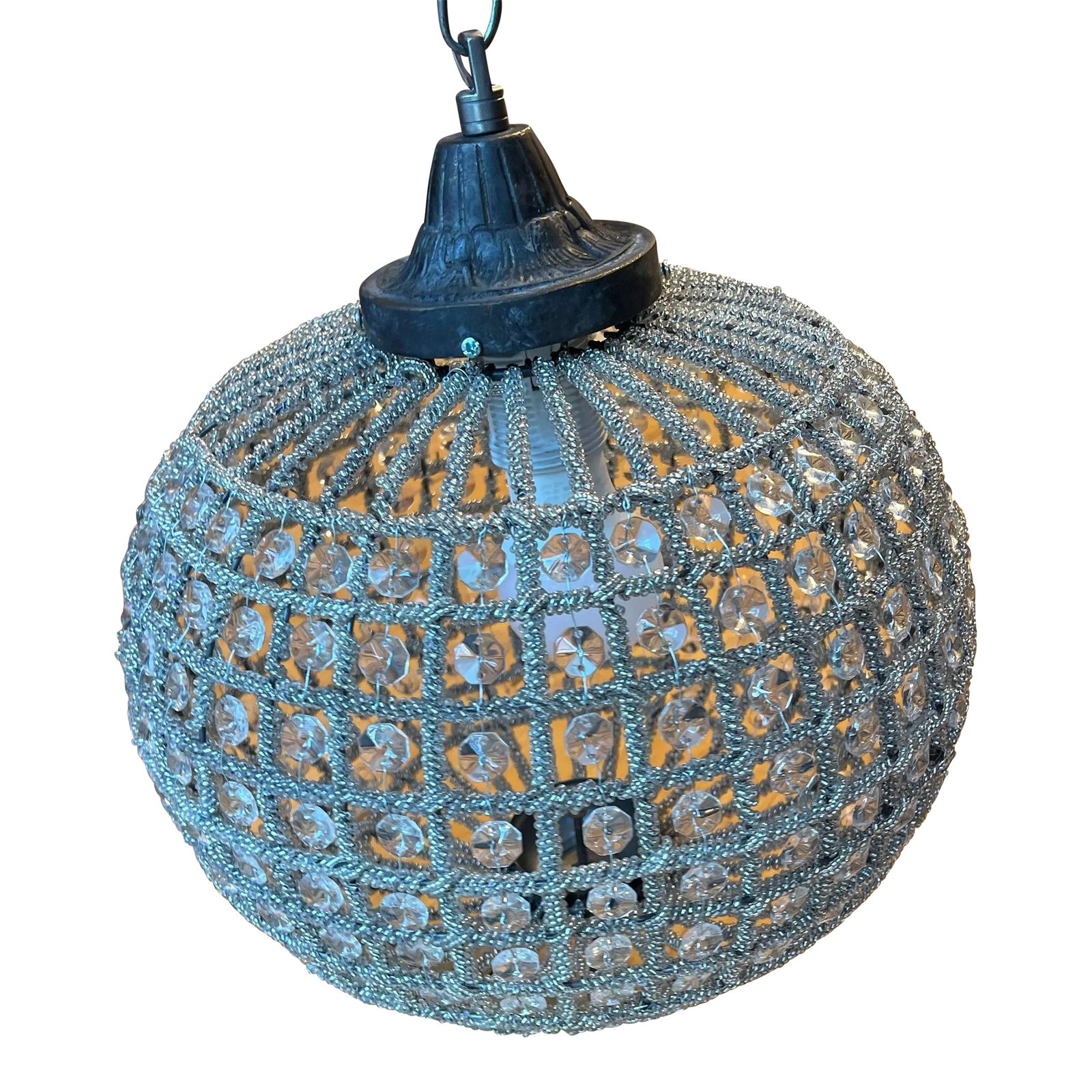 1970s Petite Sphere Hollywood Regency Pendant: Up for consideration is a beautiful petite sphere Hollywood Regency chandelier. This would look lovely in your home and it is a great find for the interior design enthusiast. Please check out my