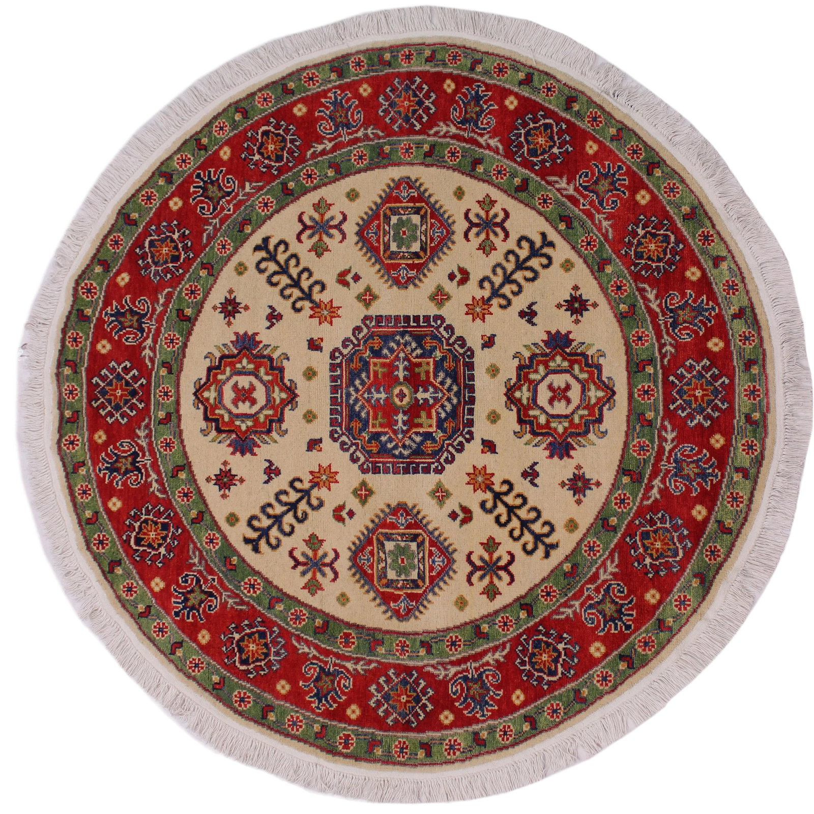 1990s Shabby Chic Kazak Ivory/Red Wool Round -4'9 X 4'11: Designed with a mesmerizing intricate transitional and geometric motif this glorious hand knotted rug is a masterpiece that will fill any space with sophistication and grace. An exhilarating color