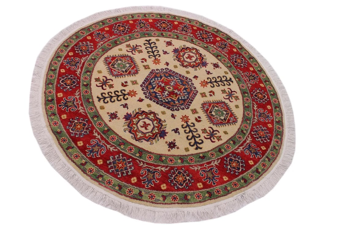 1990s Shabby Chic Kazak Ivory/Red Wool Round -4'9 X 4'11 - 2