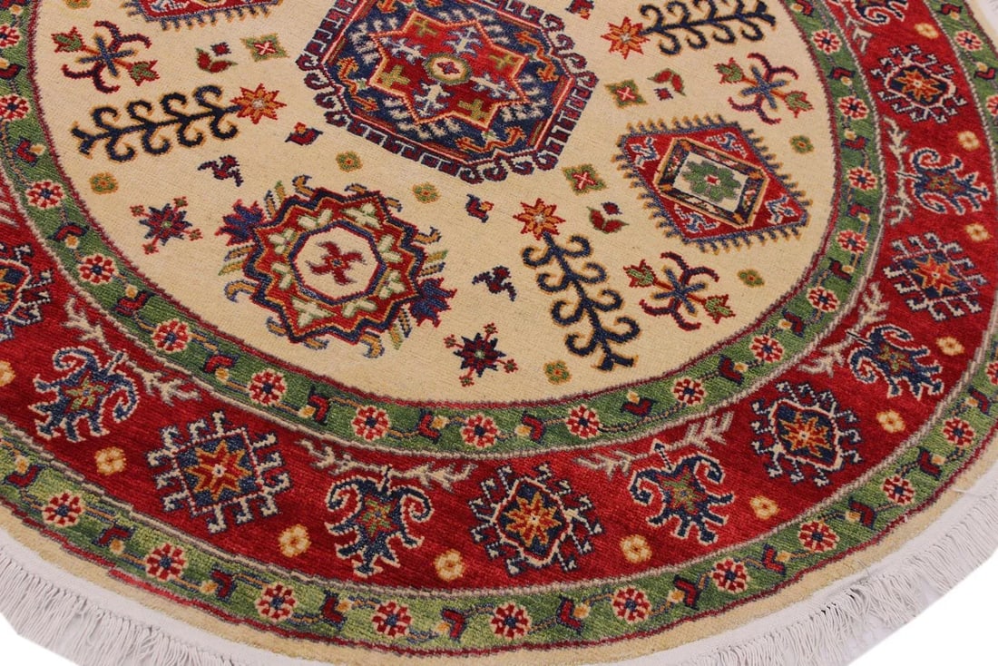 1990s Shabby Chic Kazak Ivory/Red Wool Round -4'9 X 4'11 - 3