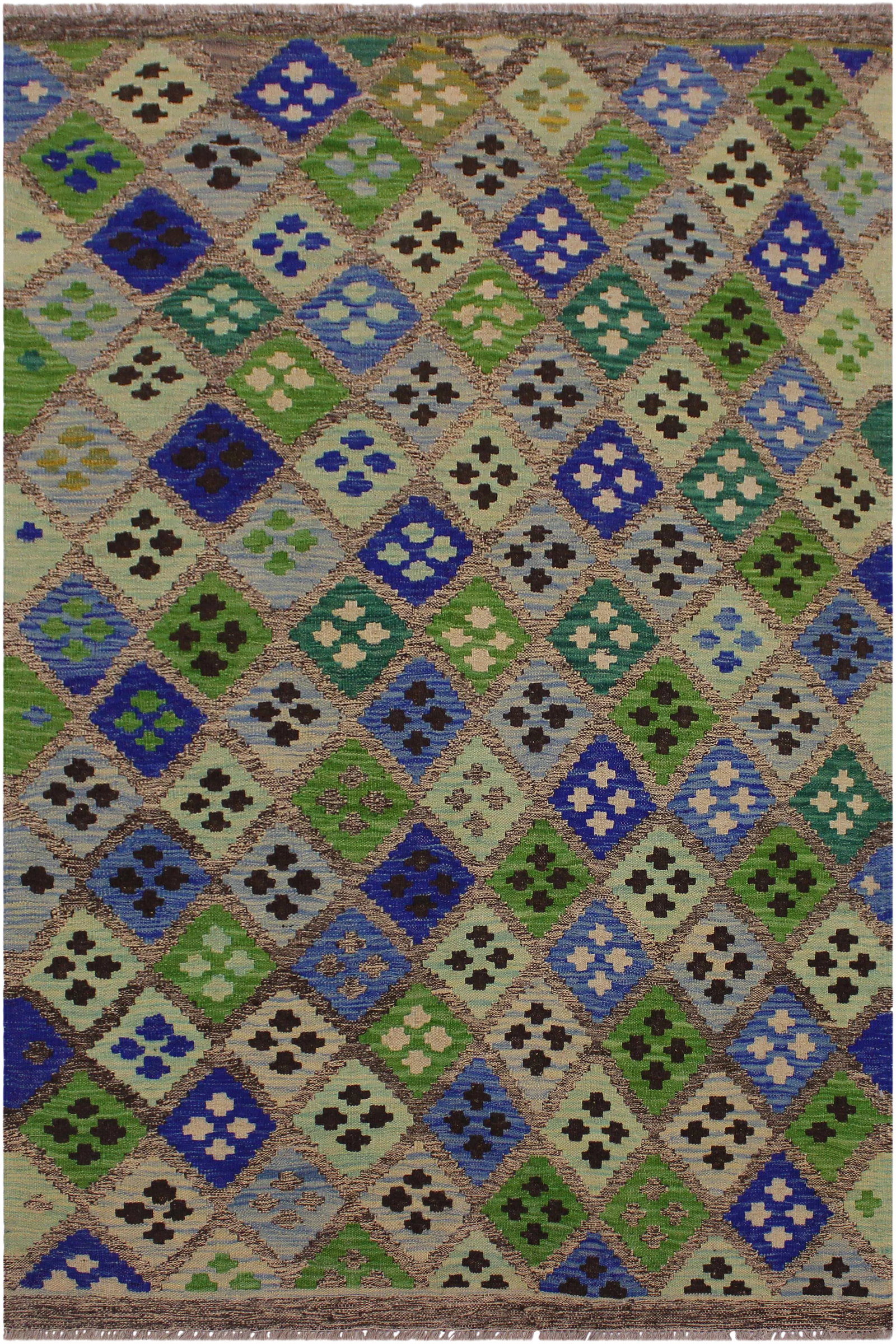 Contemporary Kilim Gray/Blue Hand-Woven Wool Rug - 4'1 X 5'10: "Add a touch of elegance to your home with this casual chic hand woven Tribal Kilim wool rug. Constructed on a loom by Nomad Turkman people with hand spun wool and 100% Natural Vegetable dyes these be