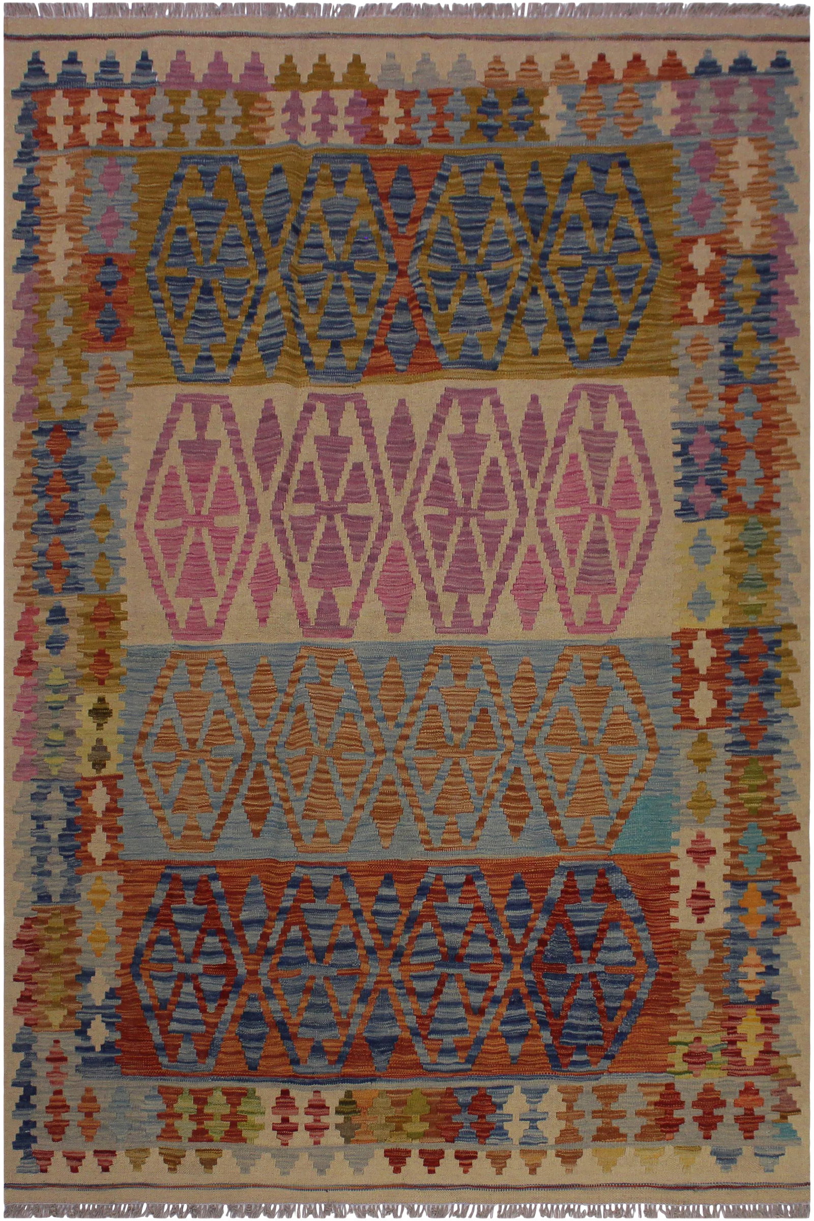 1990s Boho Chic Tribal Kilim Hand-Woven Wool Rug -5'1" X 6'6": "Add a touch of elegance to your home with this casual chic hand woven Tribal Kilim wool rug. Constructed on a loom by Nomad Turkman people with hand spun wool and 100% Natural Vegetable dyes these