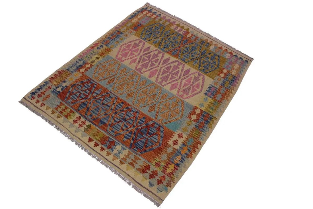 1990s Boho Chic Tribal Kilim Hand-Woven Wool Rug -5'1" X 6'6" - 2