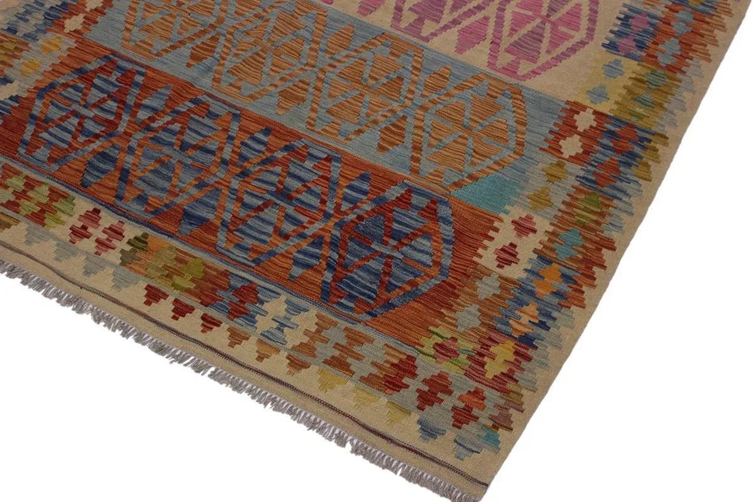 1990s Boho Chic Tribal Kilim Hand-Woven Wool Rug -5'1" X 6'6" - 3
