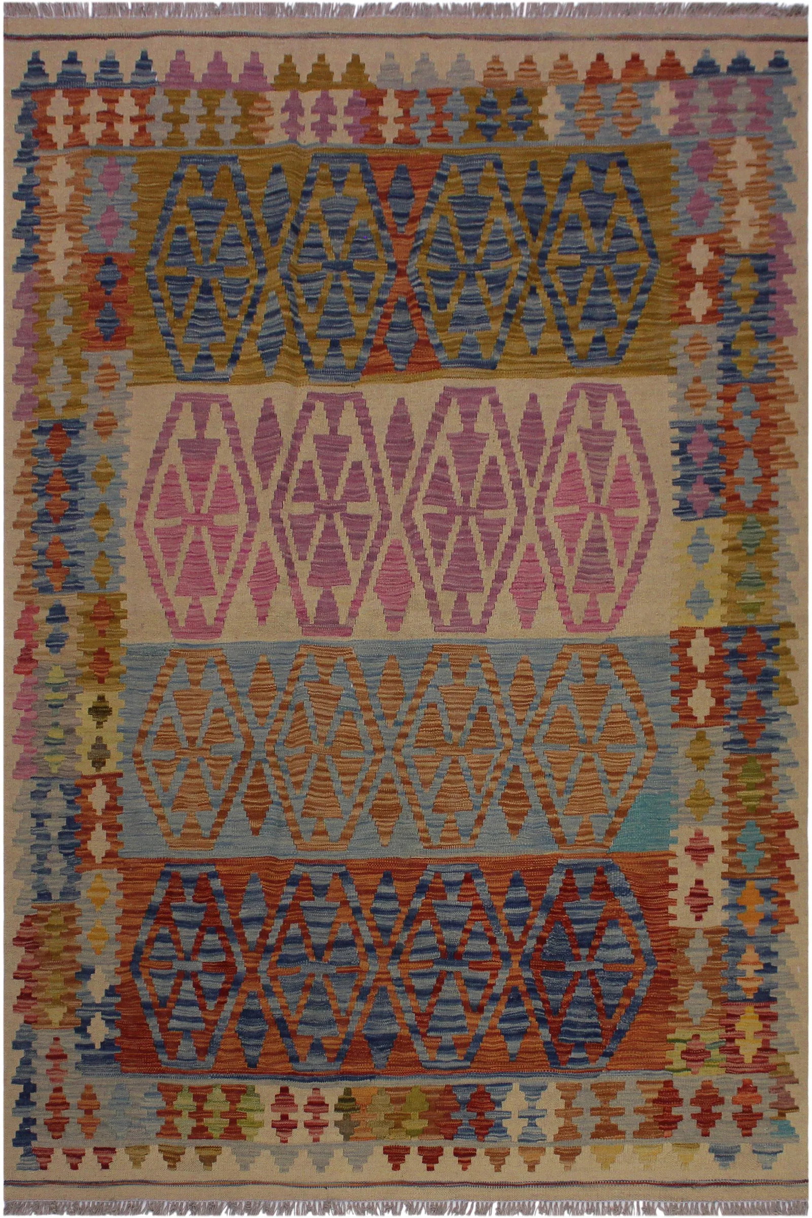 1990s Boho Chic Tribal Kilim Hand-Woven Wool Rug -5'1" X 6'6" - 8