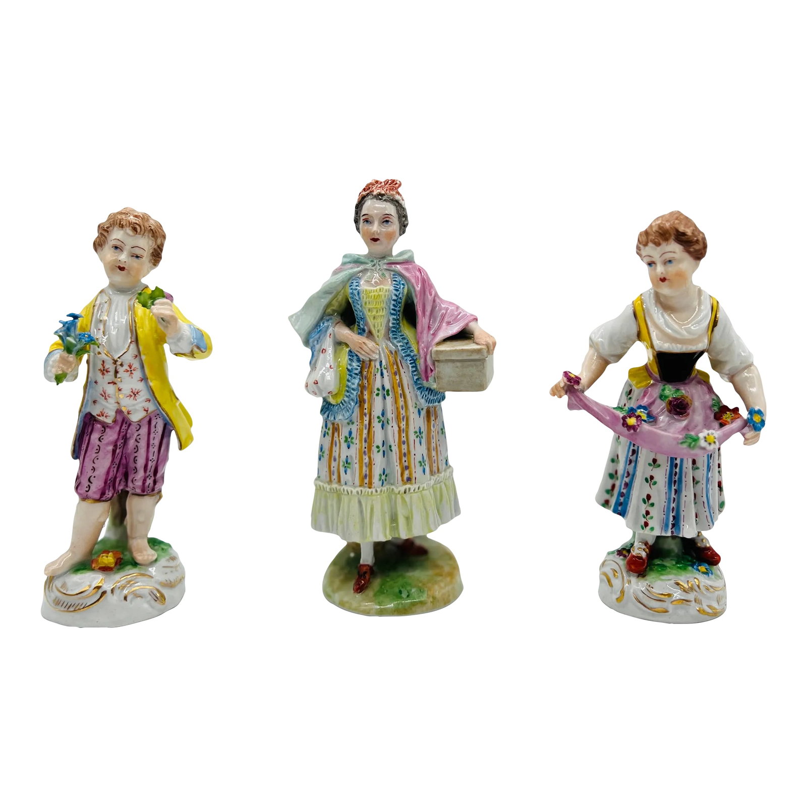 Grouping of Dresden Porcelain Flower Pickers Figurines, Carl Thieme: Dresden Porcelain (German, 1872-2020), circa post 1902. A grouping of 3 antique porcelain figures including: 1) Young Boy Picking Flowers 2) Young Girl Collecting Flowers 3) Lady With Basket Sold as a