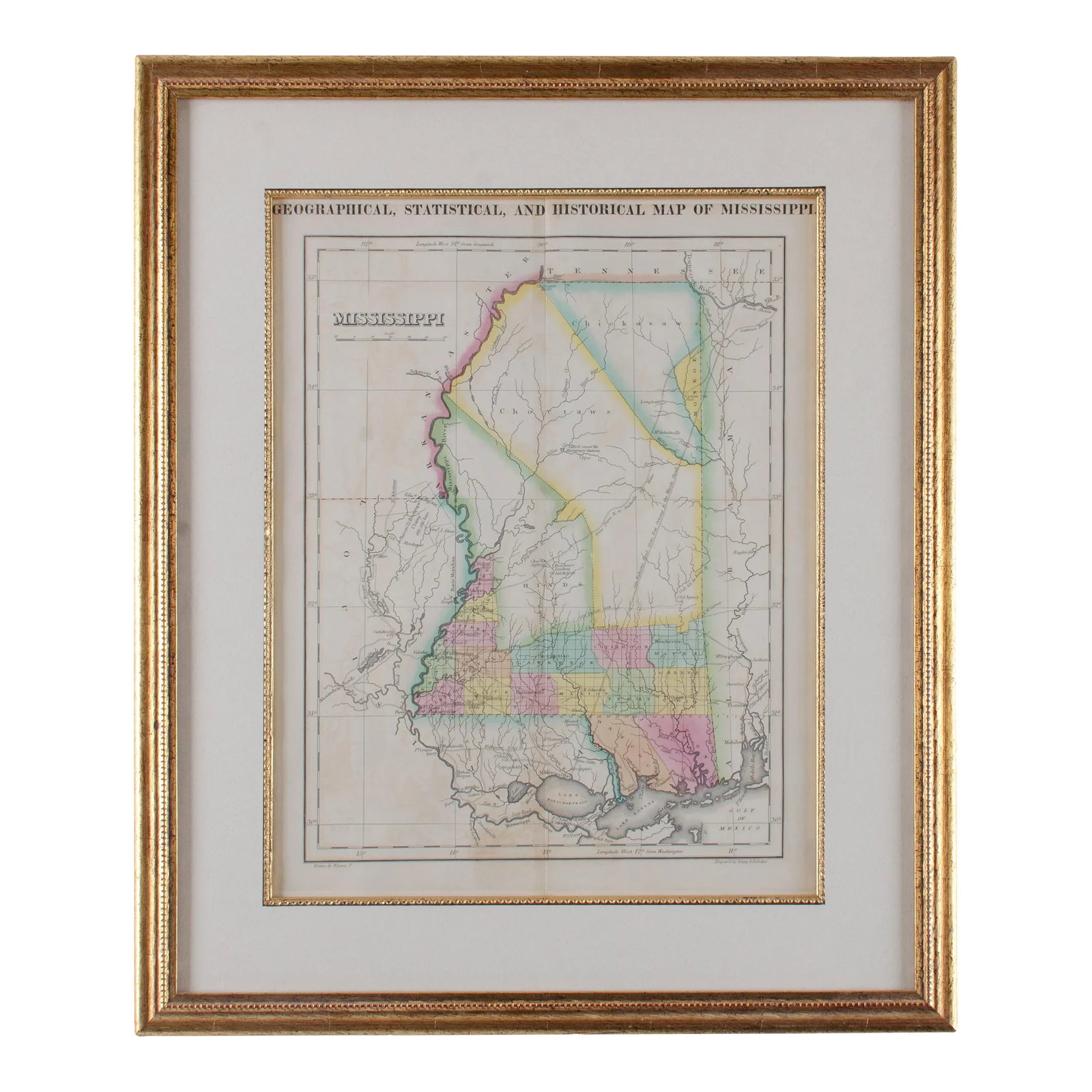 Map of Mississippi Carey & Lea, 1822: Published in Philadelphia for the "Complete Historical, Chronological and Geographical American Atlas" by Henry Carey and Issac Lea, the map depicts Mississippi as it existed in 1822. sight: 10 by 13