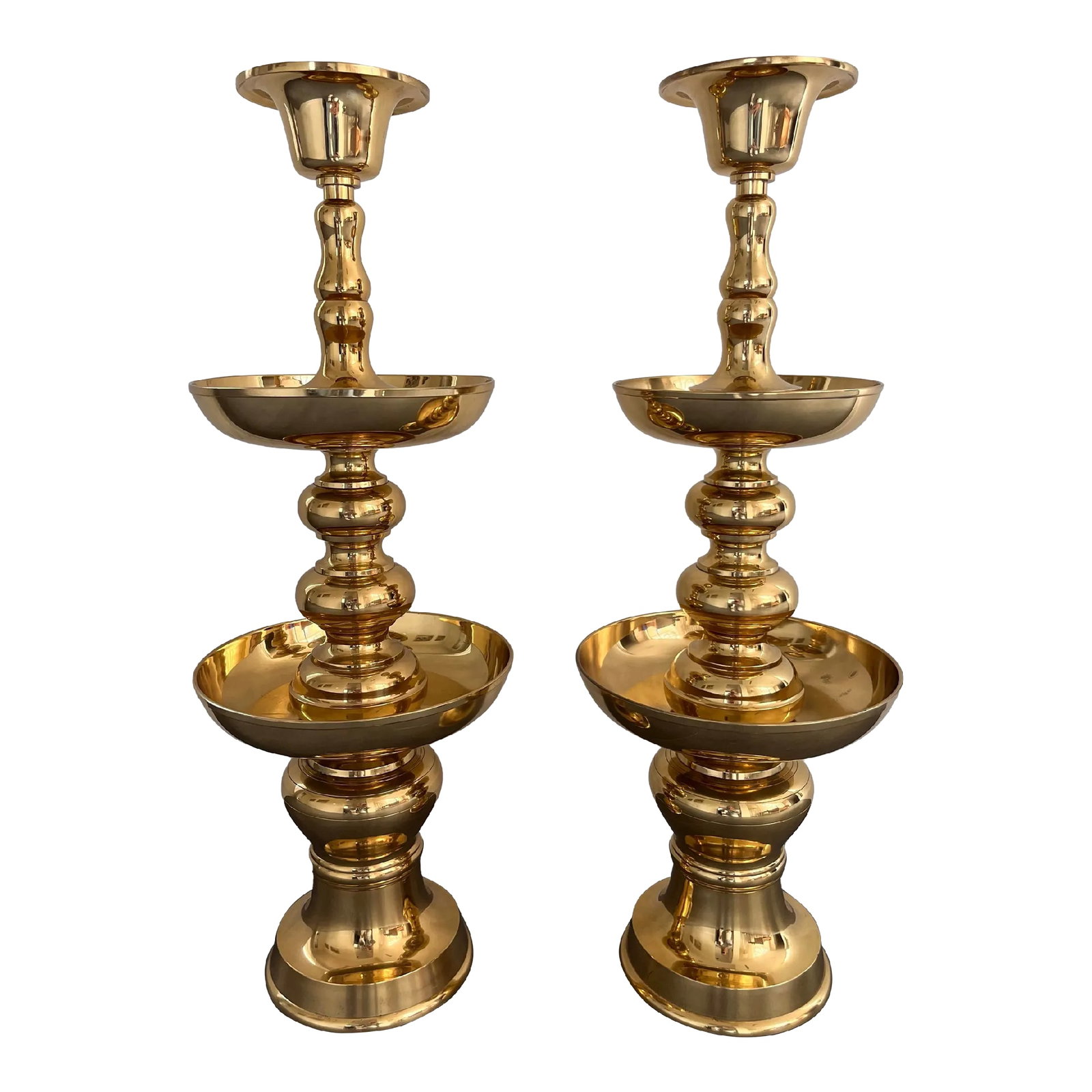 Pair of Very Large Polished Brass Floor Candle Holders: Standing tall at nearly 30" tall, this pair of massive polished brass candle holders are beautiful and heavy! The would be amazing on a large table or in front of a fire place. Each candle holder