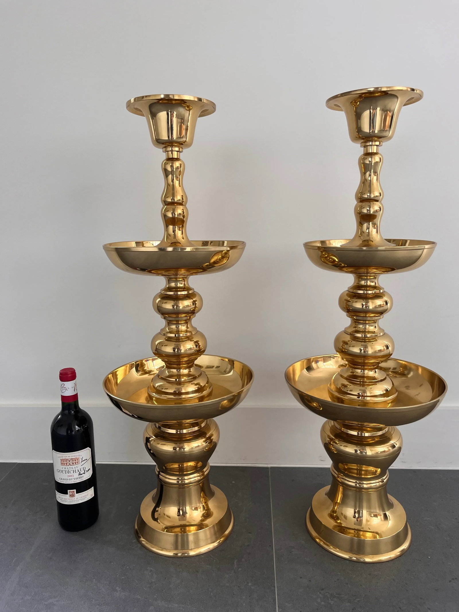 Pair of Very Large Polished Brass Floor Candle Holders - 2