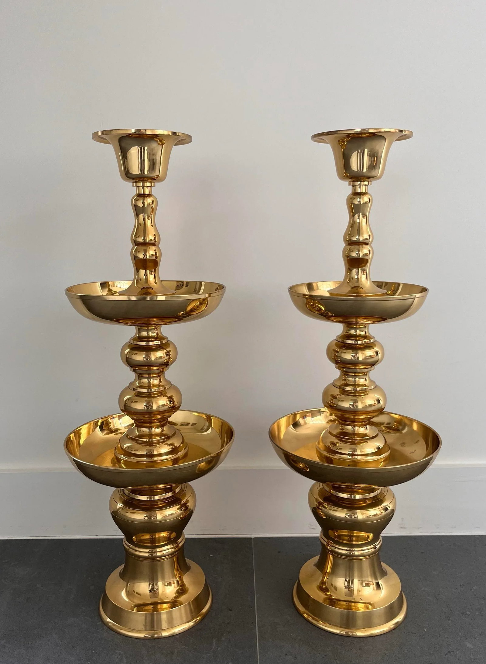 Pair of Very Large Polished Brass Floor Candle Holders - 3