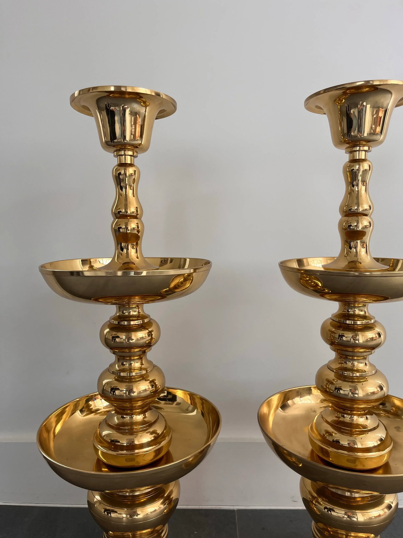 Pair of Very Large Polished Brass Floor Candle Holders - 4