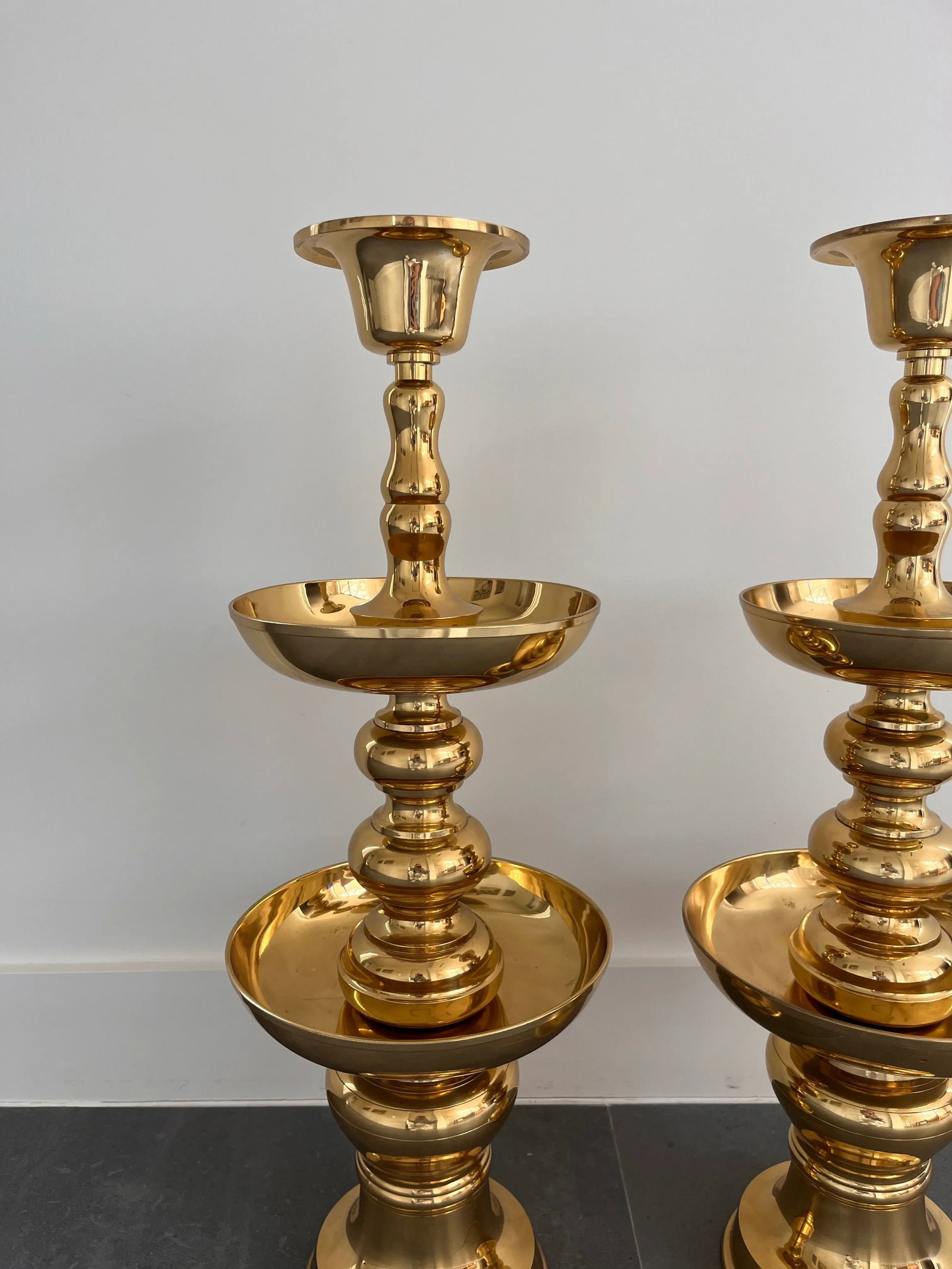 Pair of Very Large Polished Brass Floor Candle Holders - 5