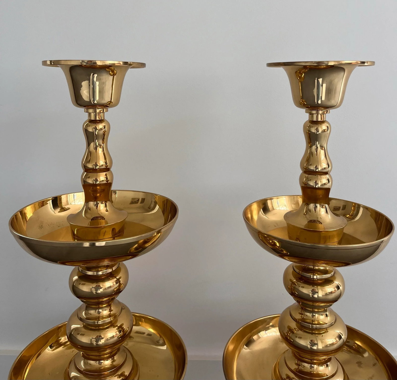 Pair of Very Large Polished Brass Floor Candle Holders - 6