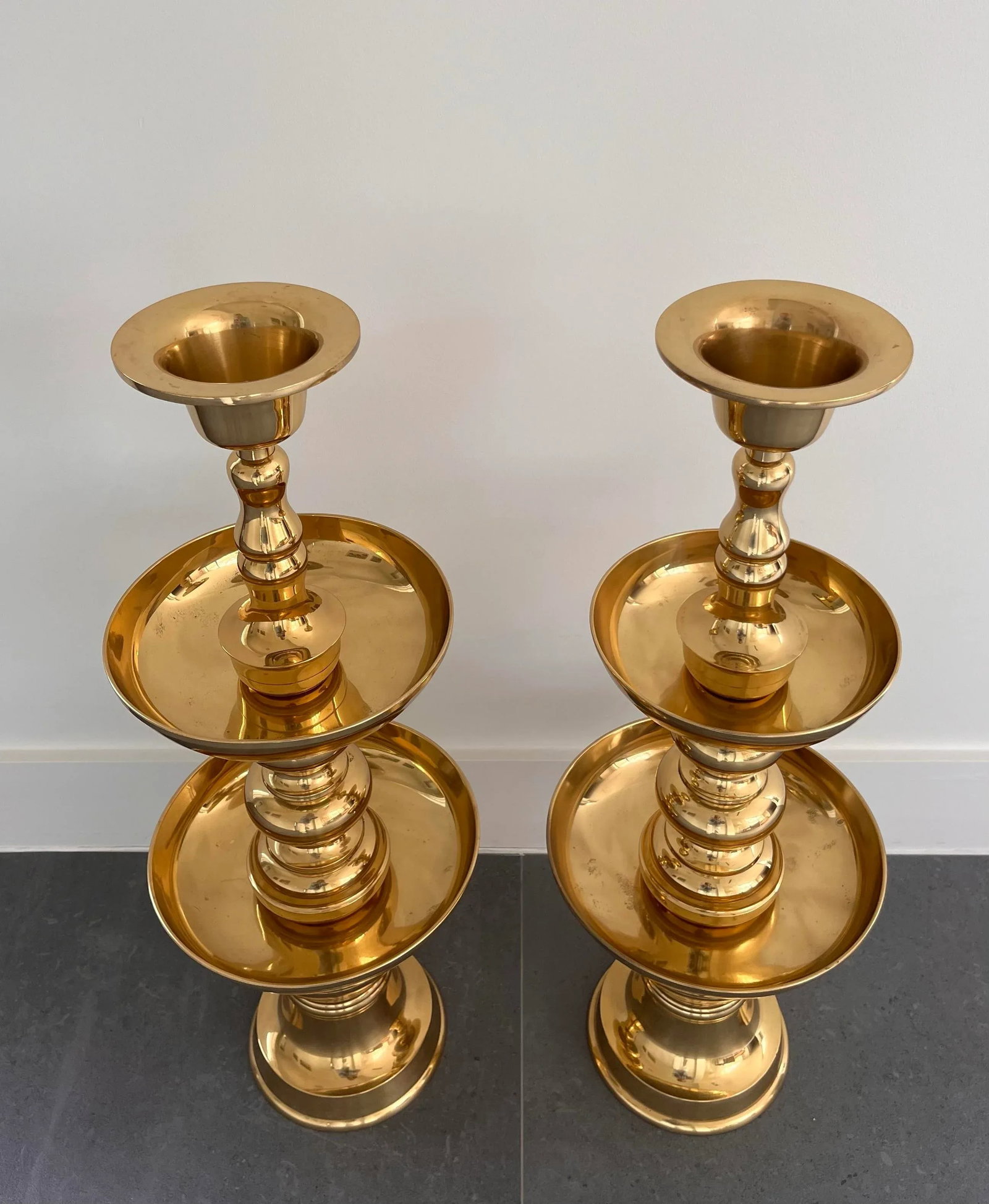 Pair of Very Large Polished Brass Floor Candle Holders - 7