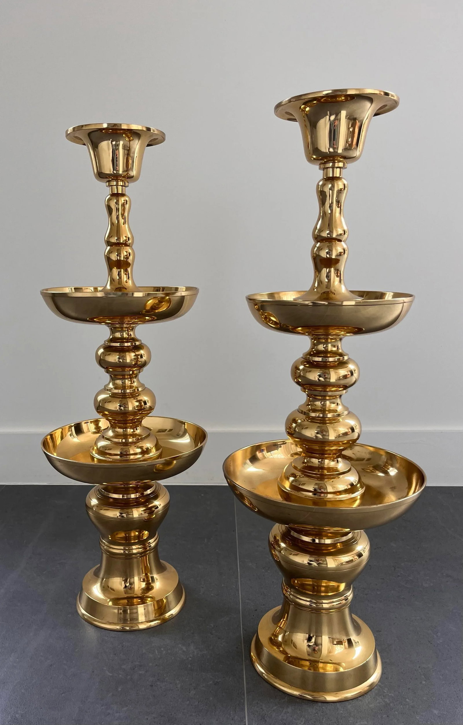 Pair of Very Large Polished Brass Floor Candle Holders - 8