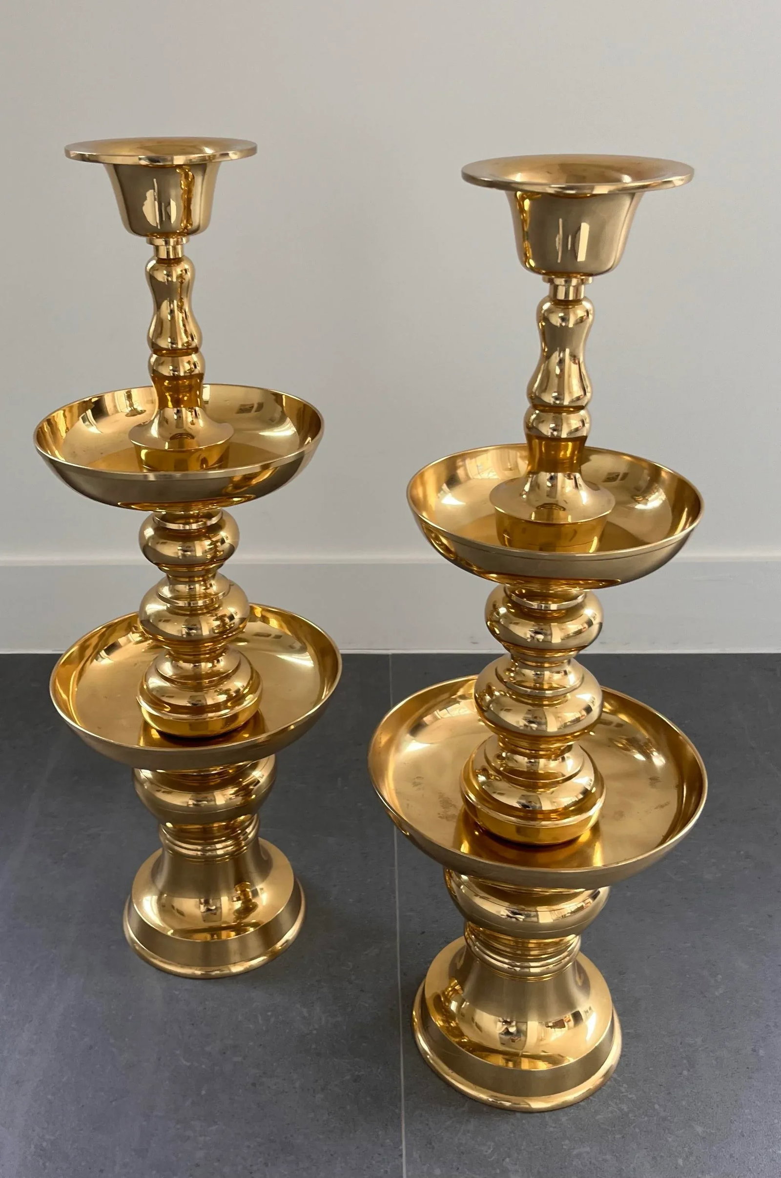 Pair of Very Large Polished Brass Floor Candle Holders - 9