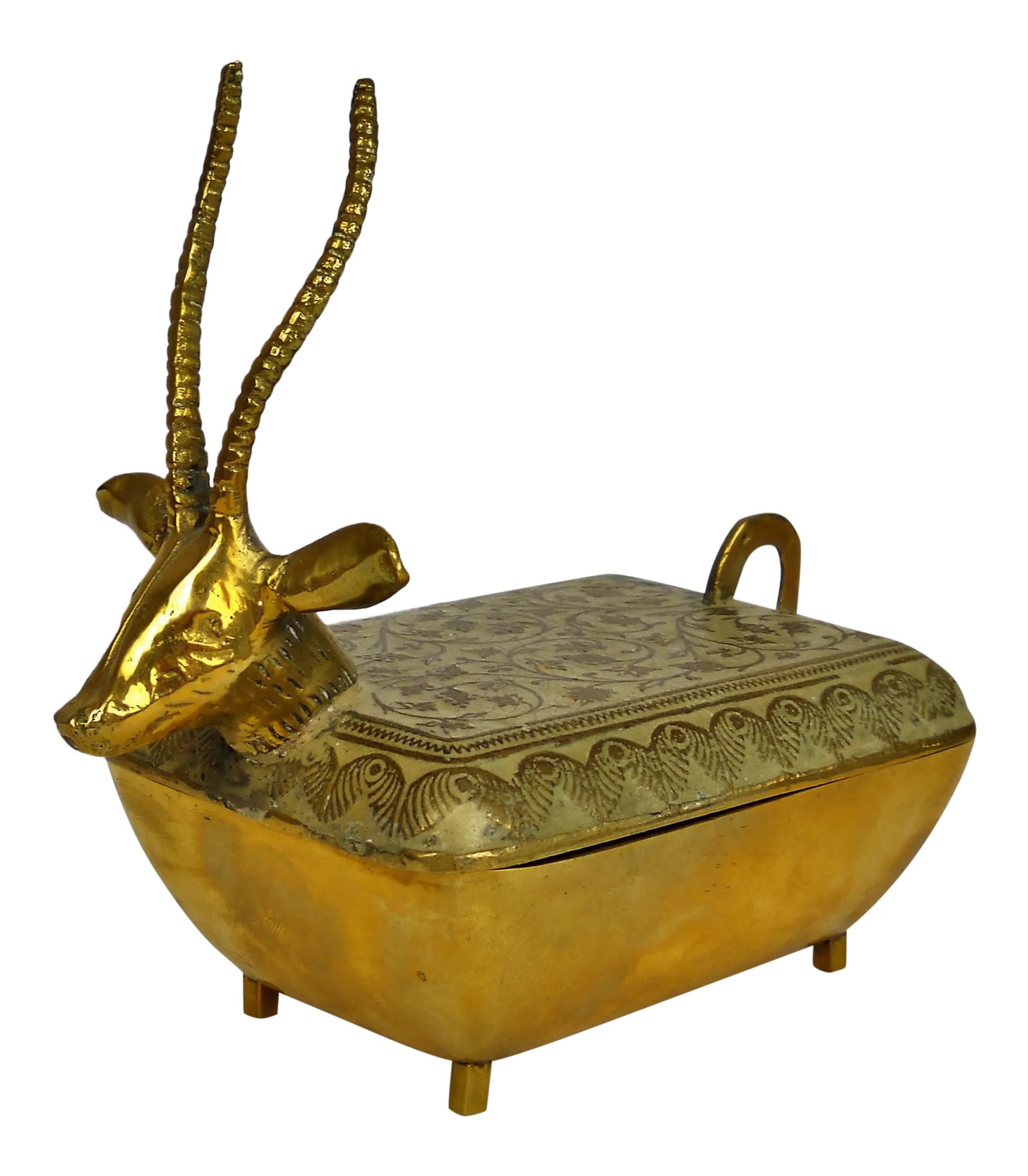 Enameled Brass Ibex Box: Mid-Century Modern brass Ibex box with an enameled floral decorative top. Marked on interior, "A-52" and on base, "India, MI-35". Condition: Alterations: Original Condition Unaltered Imperfections: