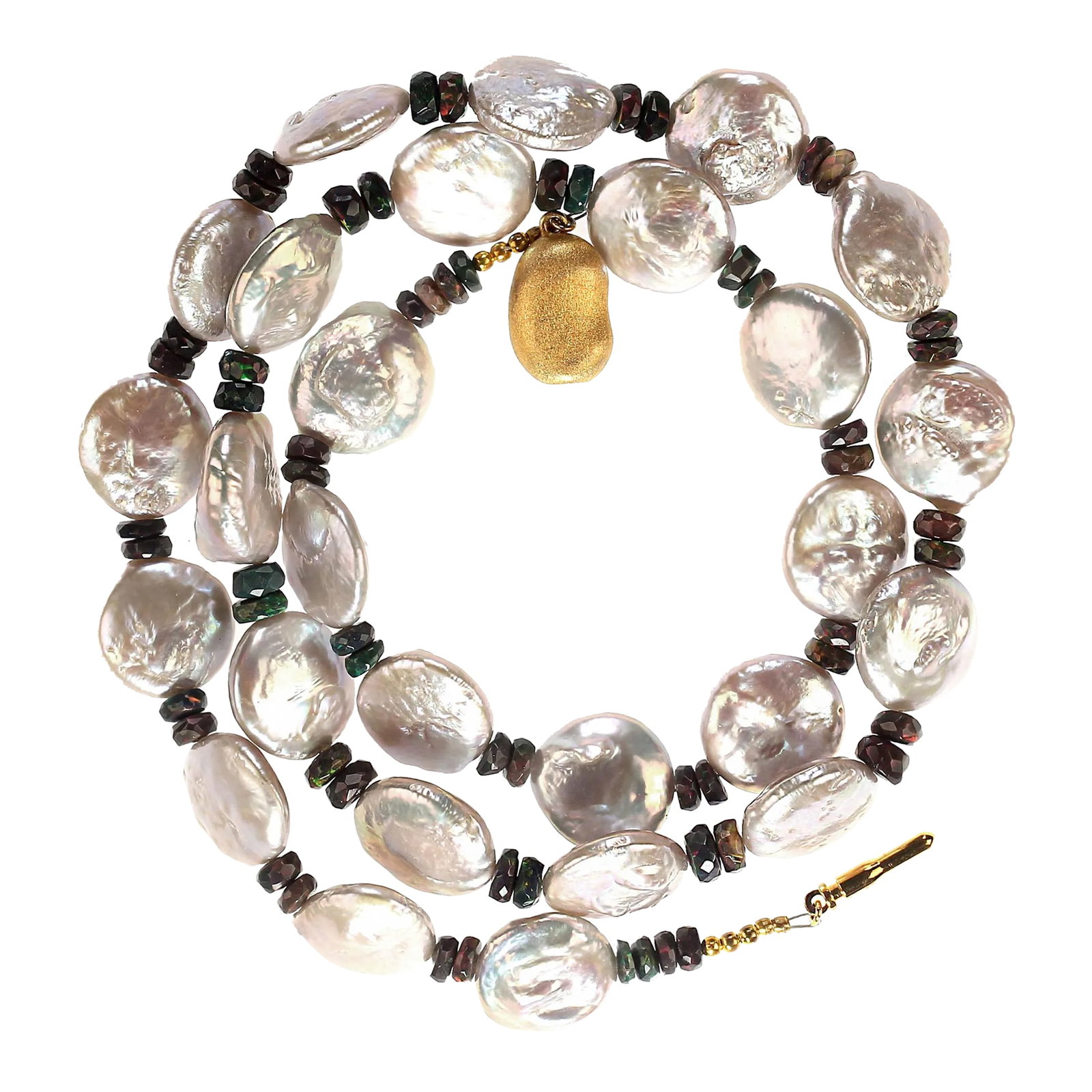 Silvery Coin Pearls and Black Opal Necklace June Birthstone: This is part of Chairish's Fine Jewelry assortment. Elegant 22-Inch Coin Pearl and Black Opal Necklace - Timeless Beauty, Effortless Style Because you deserve to own beautiful pearls, this exquisite