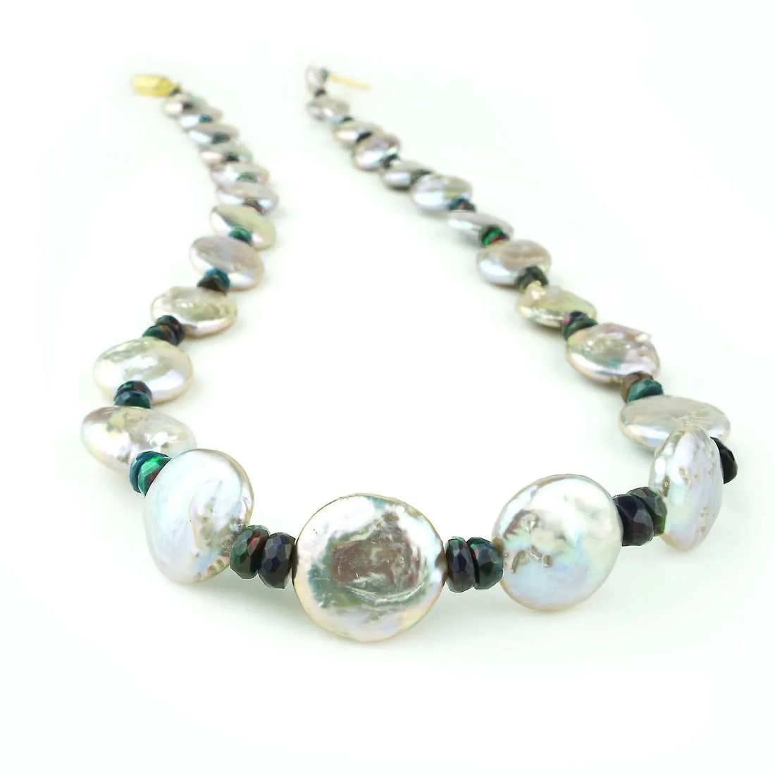 Silvery Coin Pearls and Black Opal Necklace June Birthstone - 2