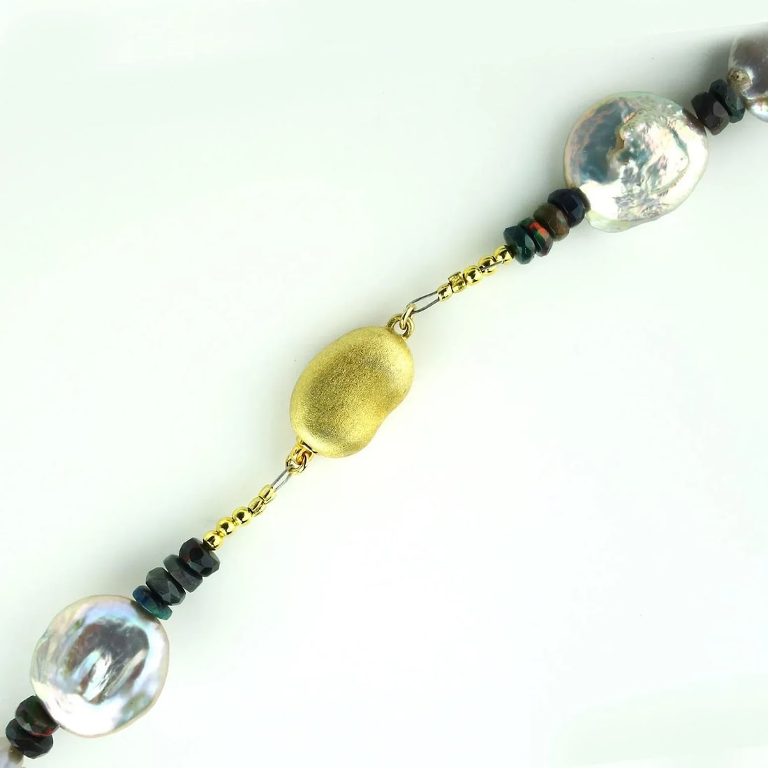 Silvery Coin Pearls and Black Opal Necklace June Birthstone - 3
